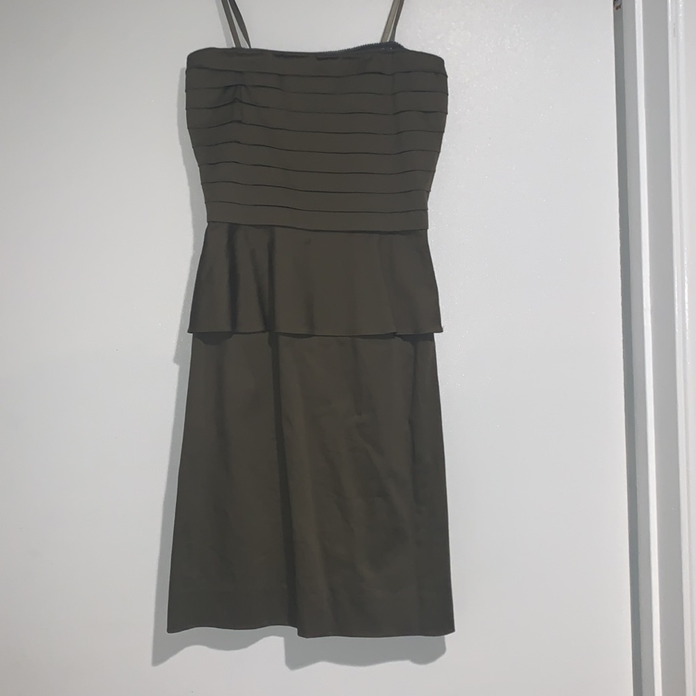 Gianni Bini Strapless Pleated Ruffle Waist Peplum Dress 0 Olive-Green Cotton